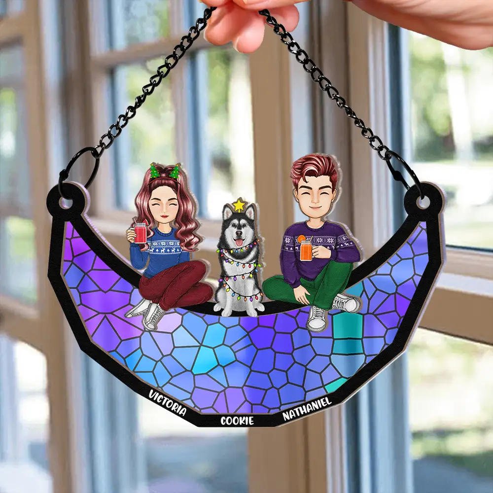 Family Sitting On The Moon - Personalized Window Hanging Suncatcher Ornament - Image 2