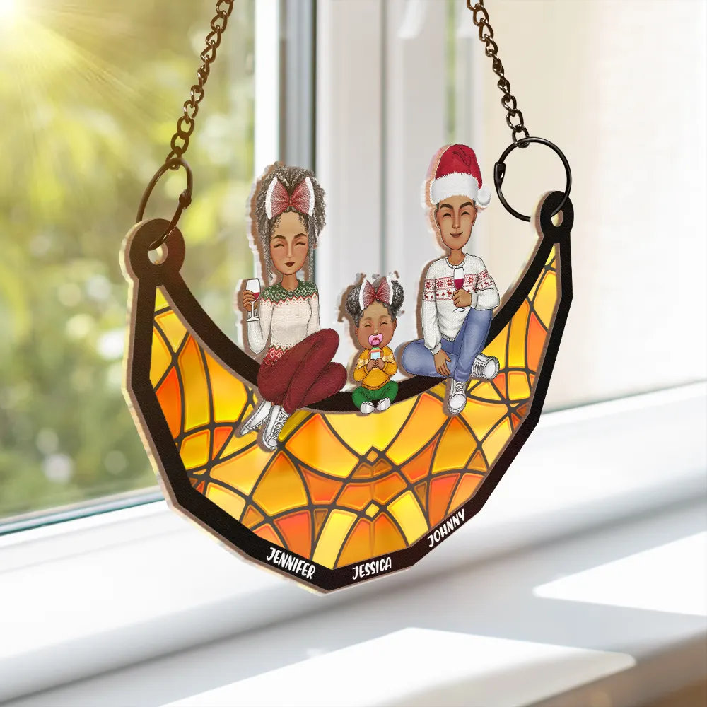 Family Sitting On The Moon - Personalized Window Hanging Suncatcher Ornament - Image 3