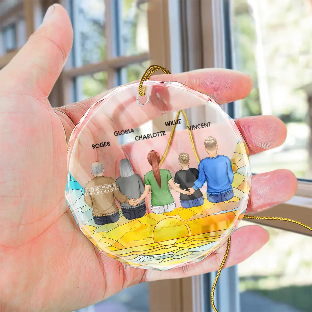 Family Sitting On The Moon - Stained Effect Printed, Personalized Circle Glass Ornament - Image 4