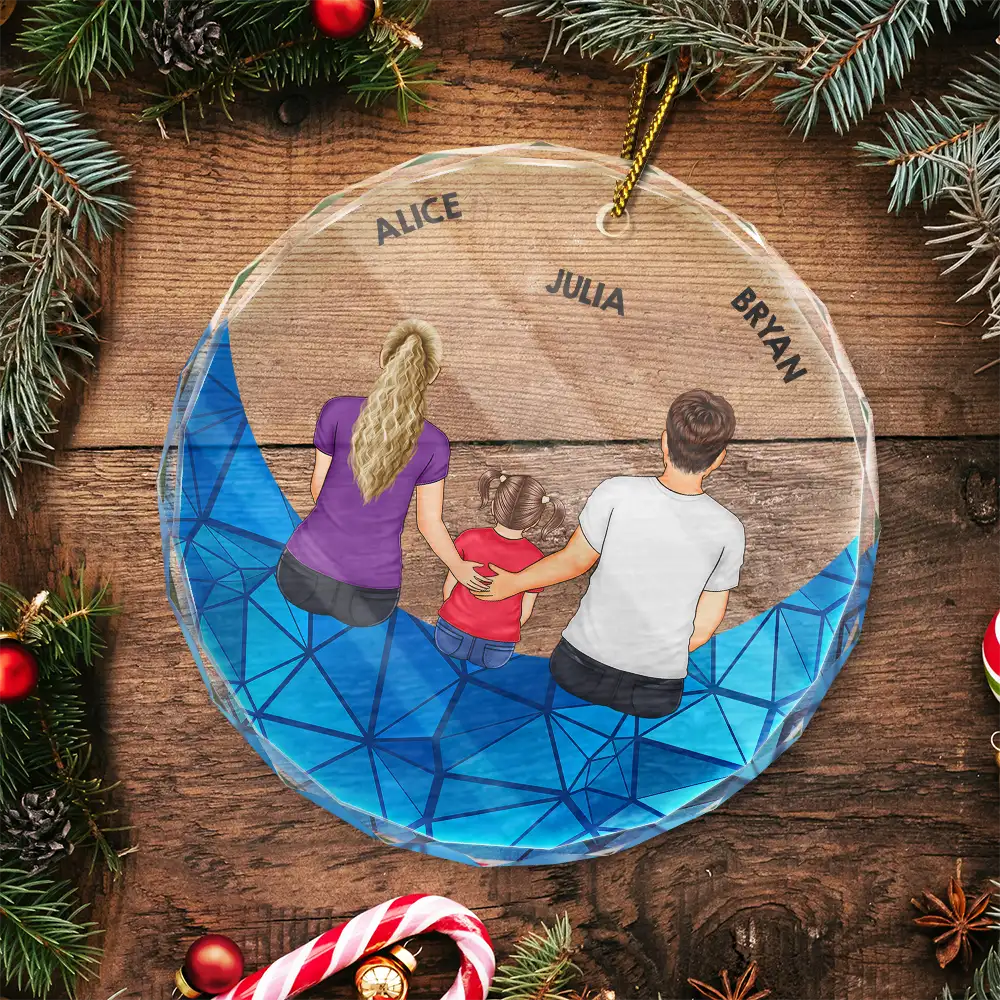Family Sitting On The Moon - Stained Effect Printed, Personalized Circle Glass Ornament - Image 5