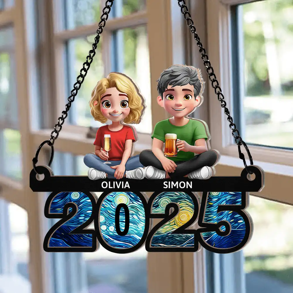 Family Sitting On Year 3D Effect - Personalized Window Hanging Suncatcher Ornament - Image 2