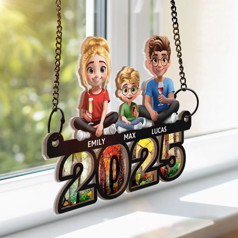 Family Sitting On Year 3D Effect - Personalized Window Hanging Suncatcher Ornament - Image 3