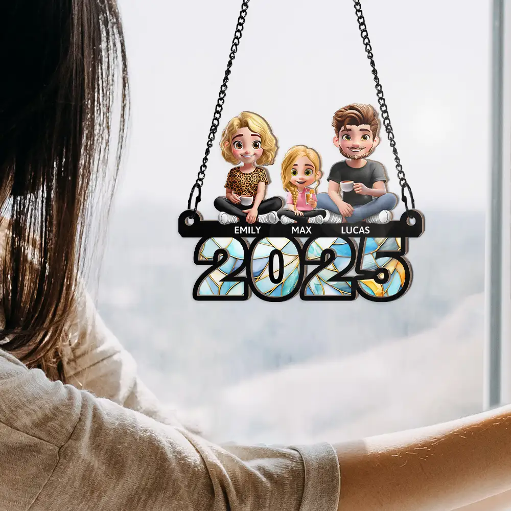 Family Sitting On Year 3D Effect - Personalized Window Hanging Suncatcher Ornament - Image 4