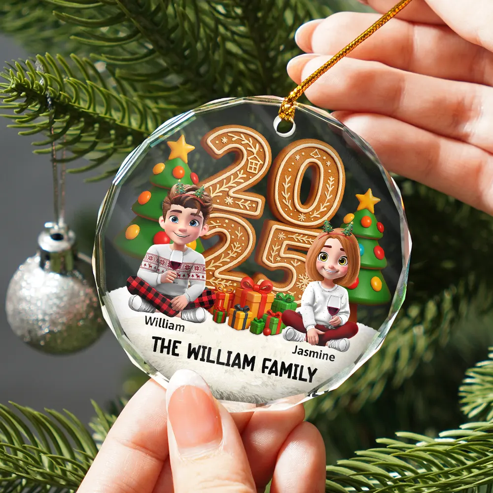 Family Sitting Together - Personalized Circle Glass Ornament - Image 2