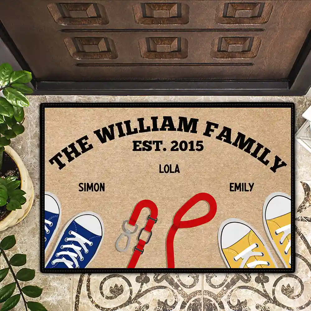 Family Sneakers And Pet Leash - Personalized Doormat - Image 2
