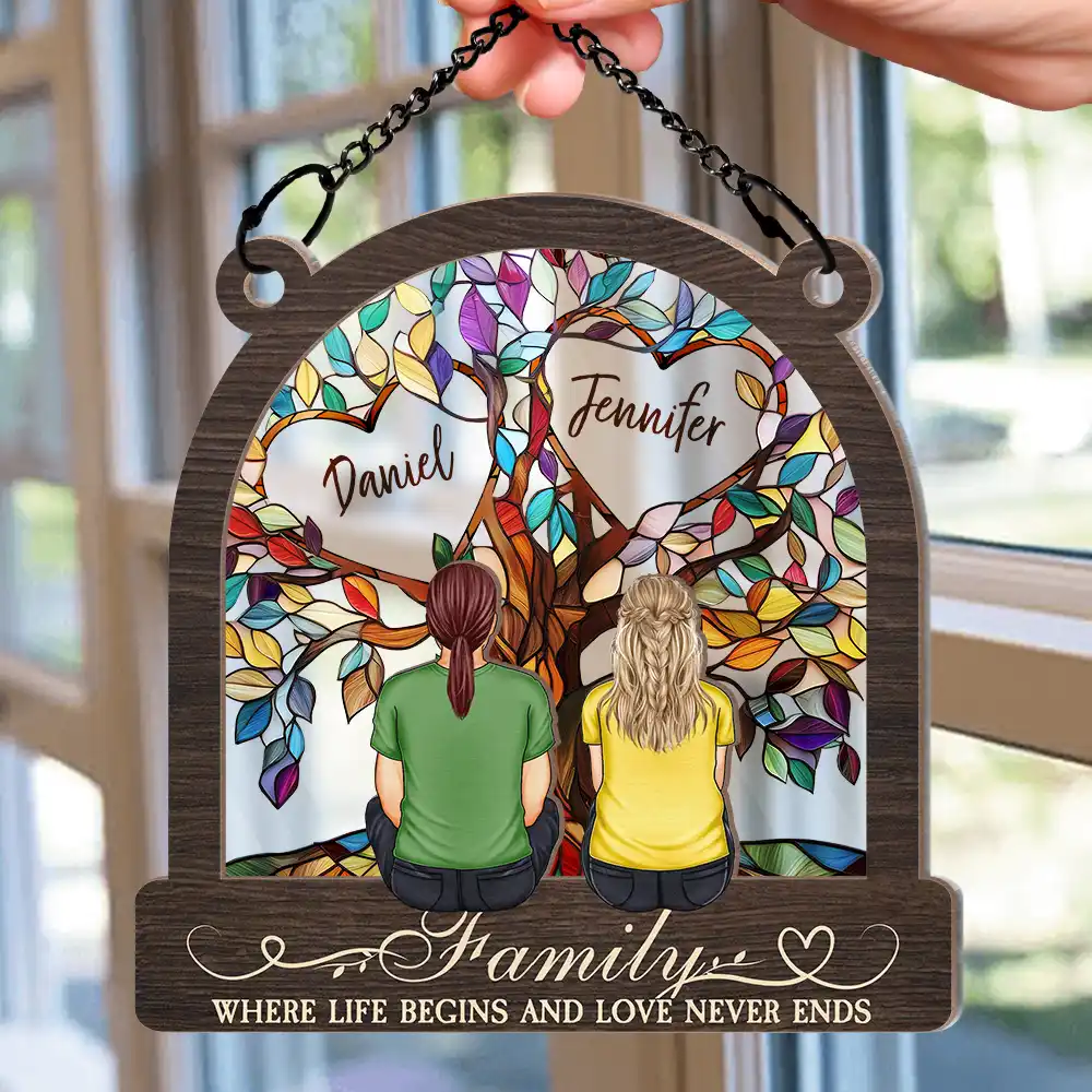 Family Tree Where Life Begins And Love Never Ends - Personalized Window Hanging Suncatcher Ornament - Image 2