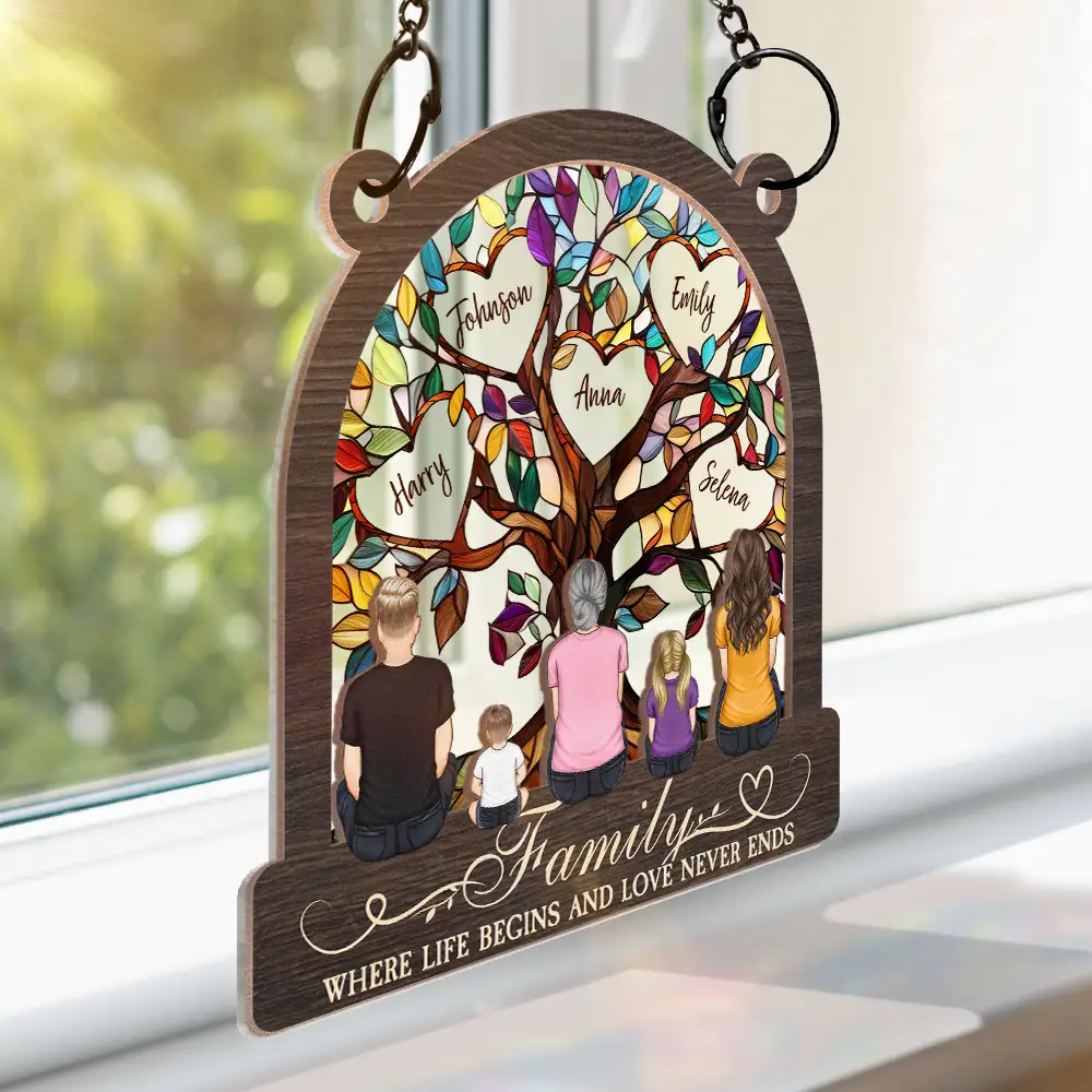 Family Tree Where Life Begins And Love Never Ends - Personalized Window Hanging Suncatcher Ornament - Image 3
