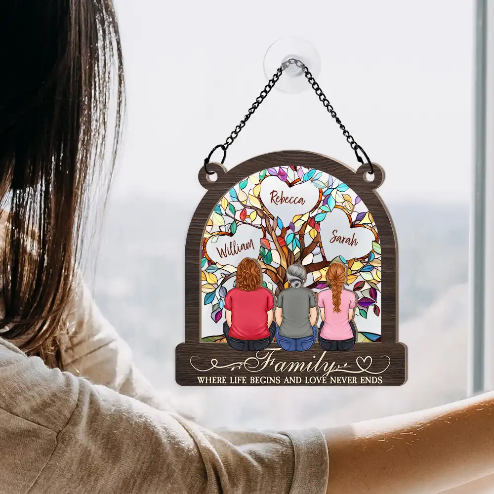 Family Tree Where Life Begins And Love Never Ends - Personalized Window Hanging Suncatcher Ornament - Image 4