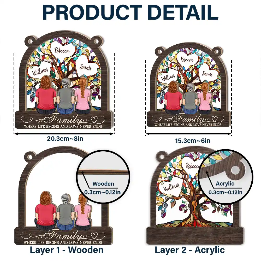 Family Tree Where Life Begins And Love Never Ends - Personalized Window Hanging Suncatcher Ornament - Image 5