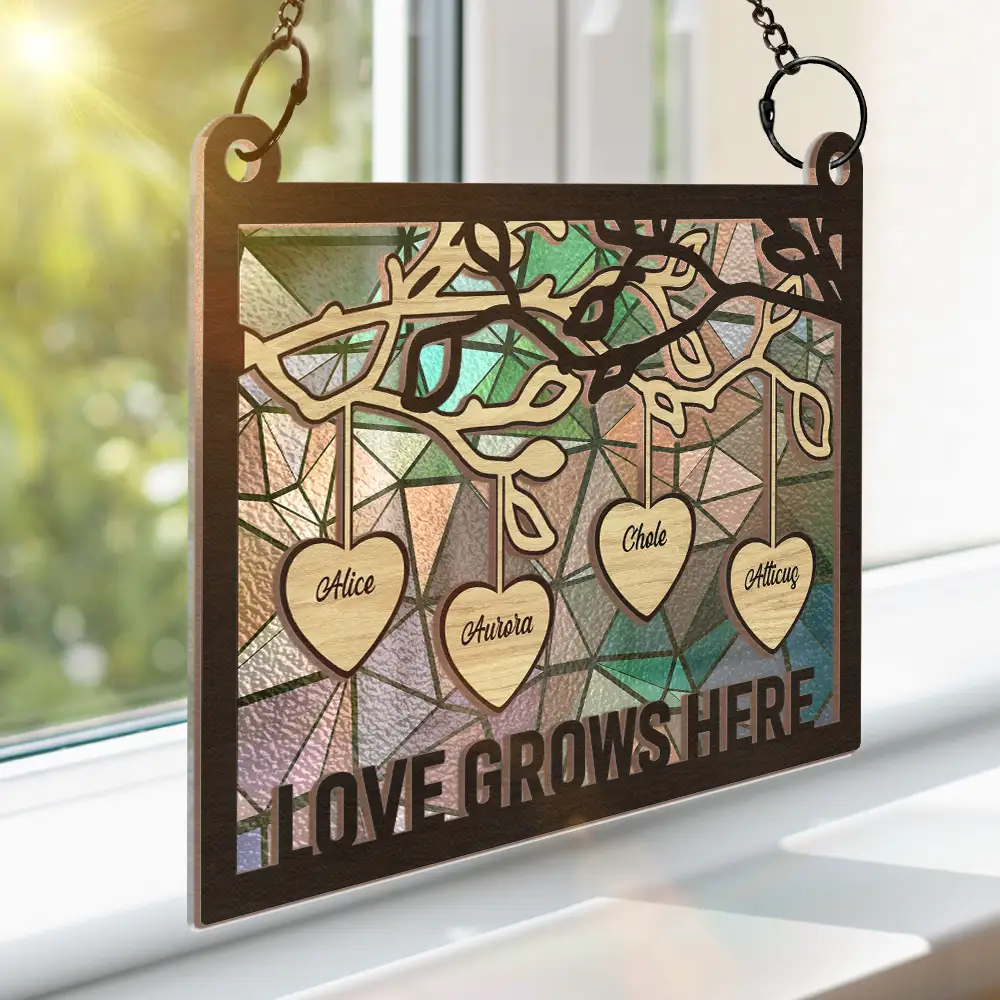 Family Tree Wood Love Grows Here - Personalized Window Hanging Suncatcher Ornament - Image 3
