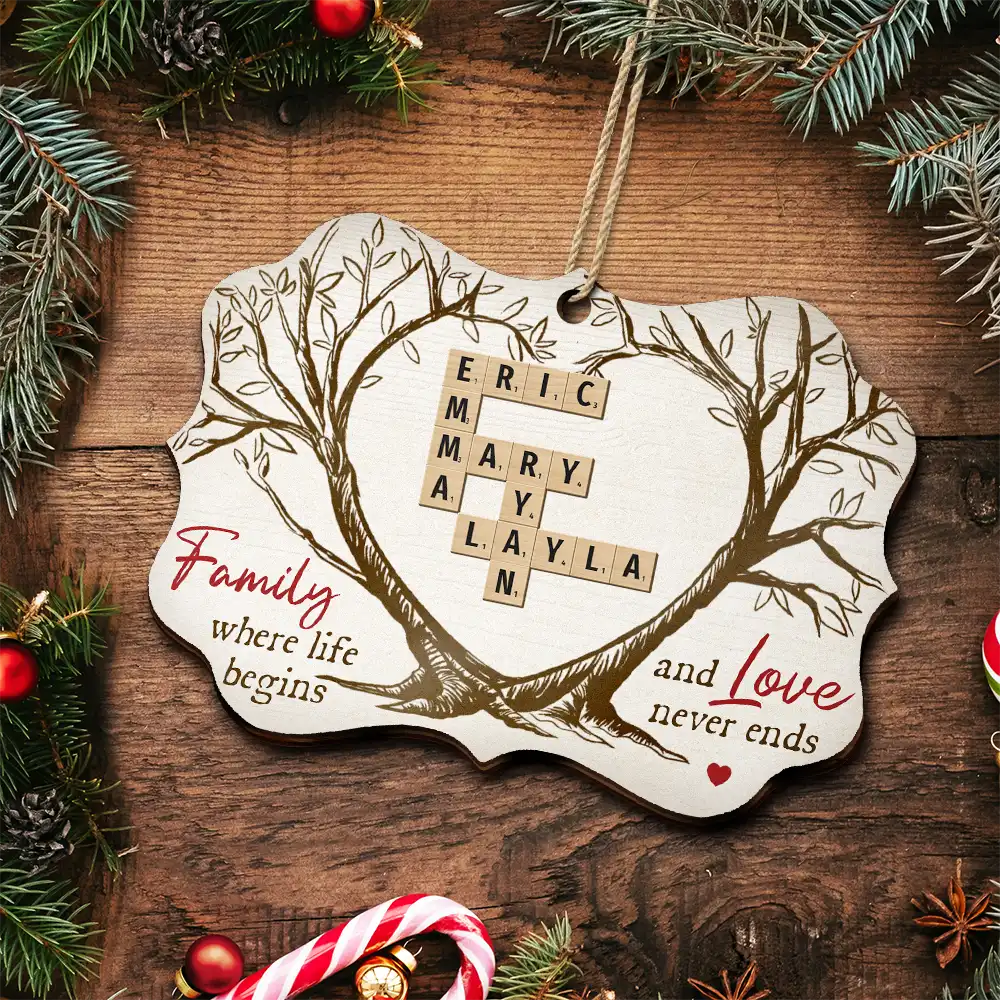 Family Where Life Begins And Love Never Ends Crossword Scrabble - Personalized Medallion Wooden Ornament - Image 6