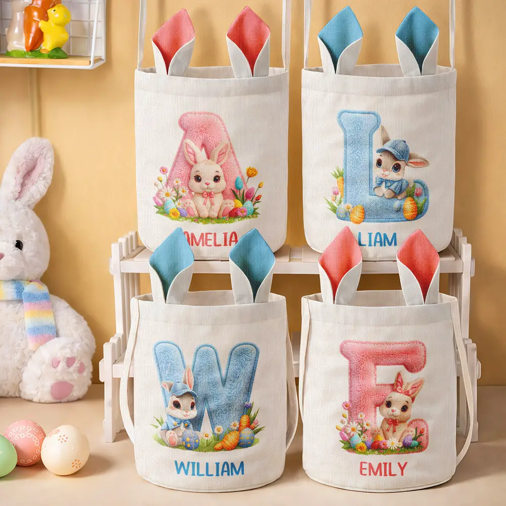 Faux Embroidery Effect Chenille Bunny Alphabet Letters - Personalized Bunny Ears Bucket Bag - Image 2