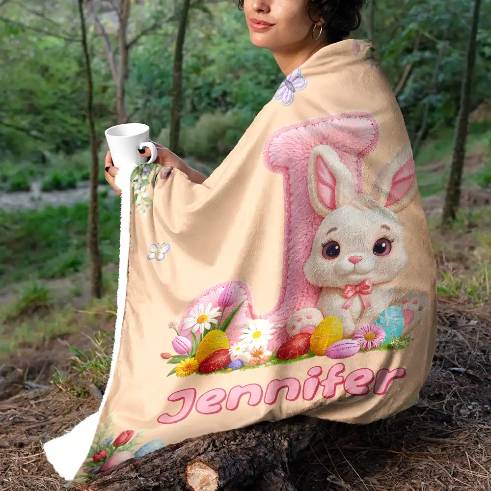 Faux Embroidery Effect Chenille Bunny Alphabet Letters - Personalized Fleece Blanket, Sherpa Blanket - Image 5