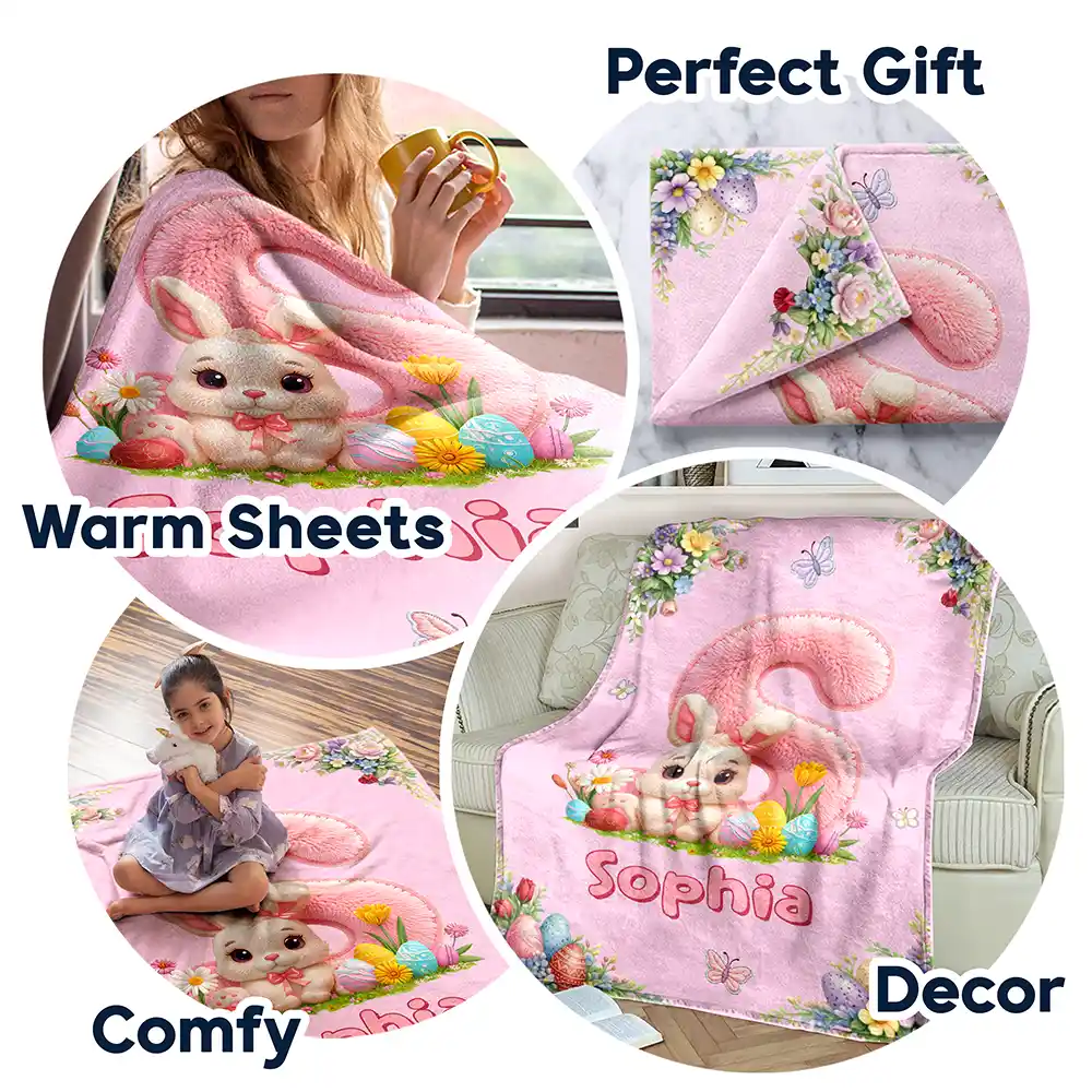 Faux Embroidery Effect Chenille Bunny Alphabet Letters - Personalized Fleece Blanket, Sherpa Blanket - Image 7
