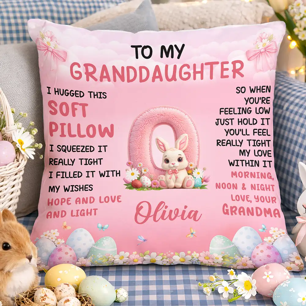 Faux Embroidered Bunny Hugging Initial Letter - Personalized Pillow