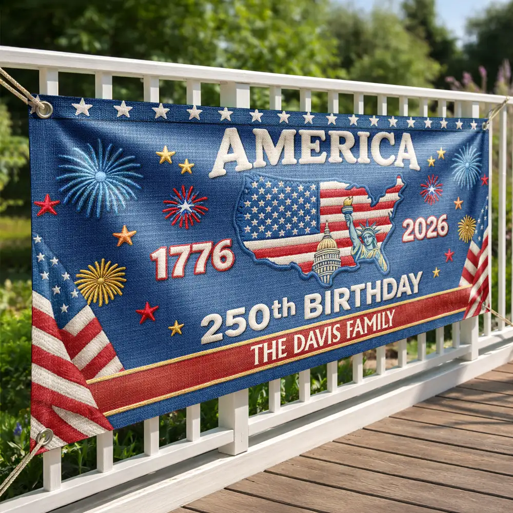 Faux Embroidery Effect 250th Birthday America Family Name - Personalized Horizontal Banner - Image 2
