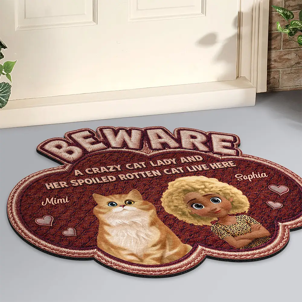 Faux Embroidery Effect A Crazy Cat Lady And Her Spoiled Rotten Dogs Cats - Personalized Custom Shaped Doormat - Image 2
