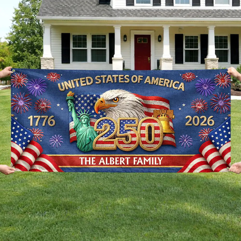 Faux Embroidery Effect America 250th Anniversary Family Name - Personalized Horizontal Banner - Image 4