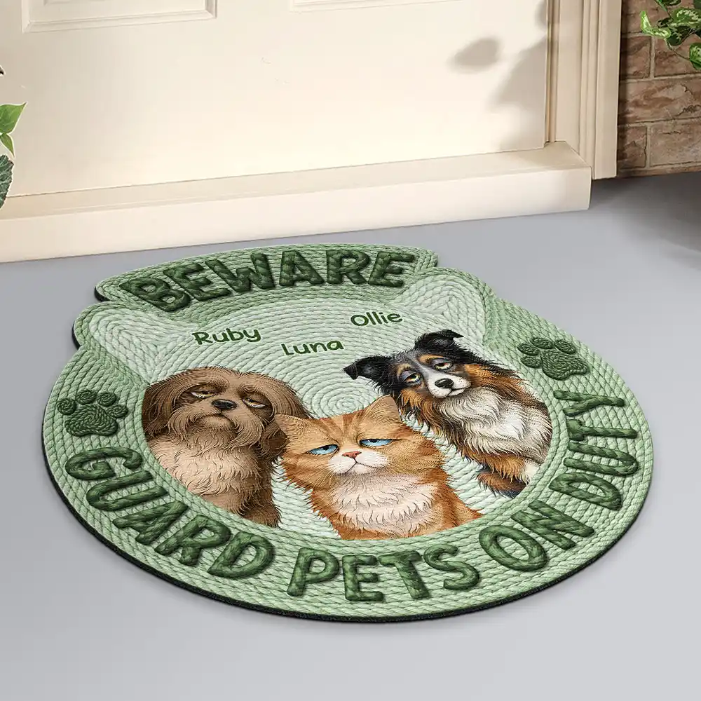 Faux Embroidery Effect Beware Guard Dogs Cats On Duty - Personalized Custom Shaped Doormat - Image 2