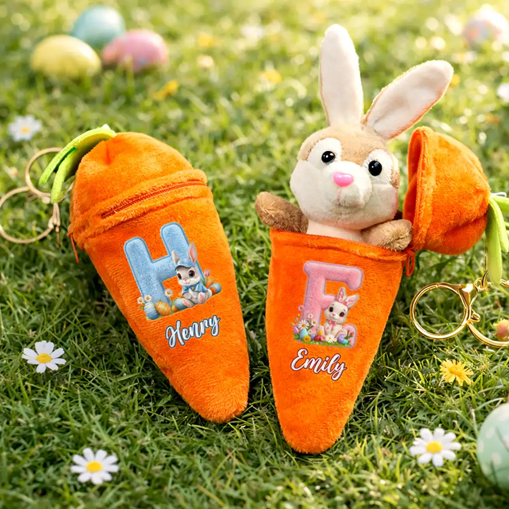 Faux Embroidery Effect Chenille Bunny Alphabet Letters - Personalized Plush Reversible Carrot Bunny Keychain