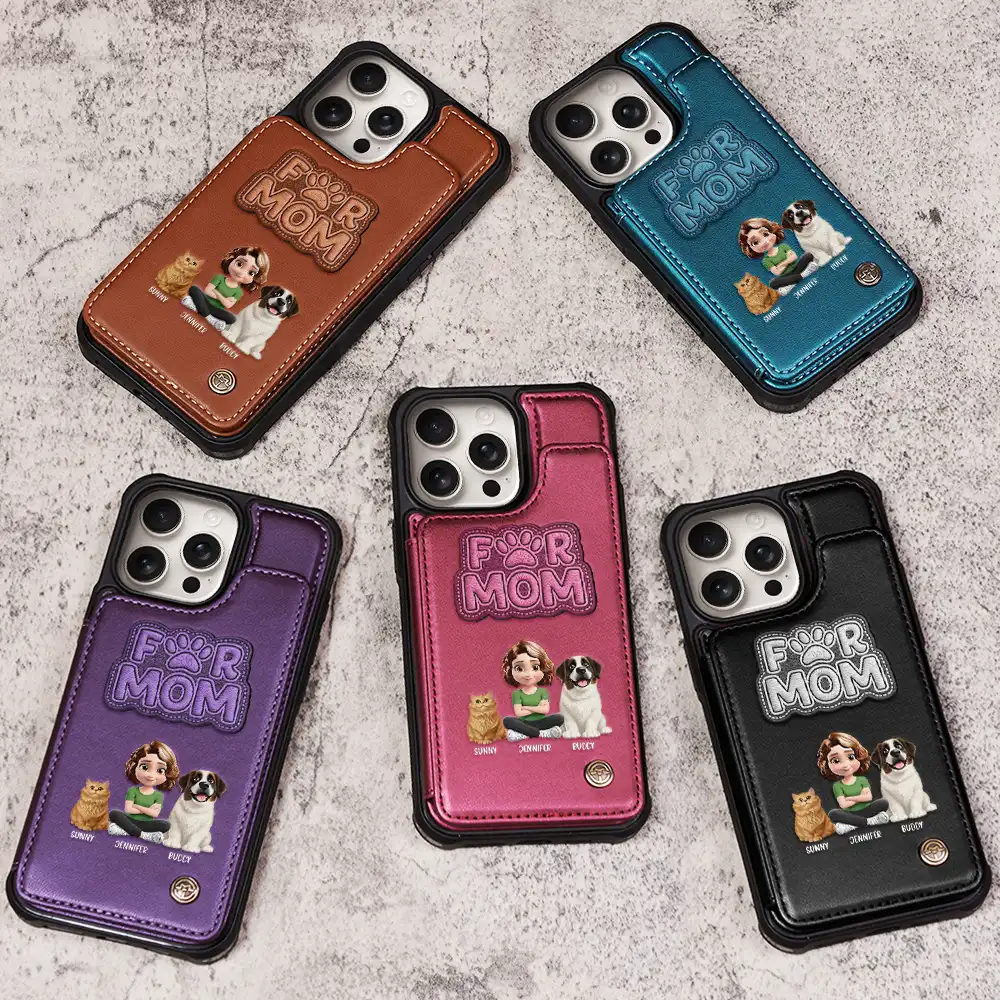 Faux Embroidery Effect Pet Mom Pet Dad - Personalized Leather Flip Wallet Phone Case - Image 3