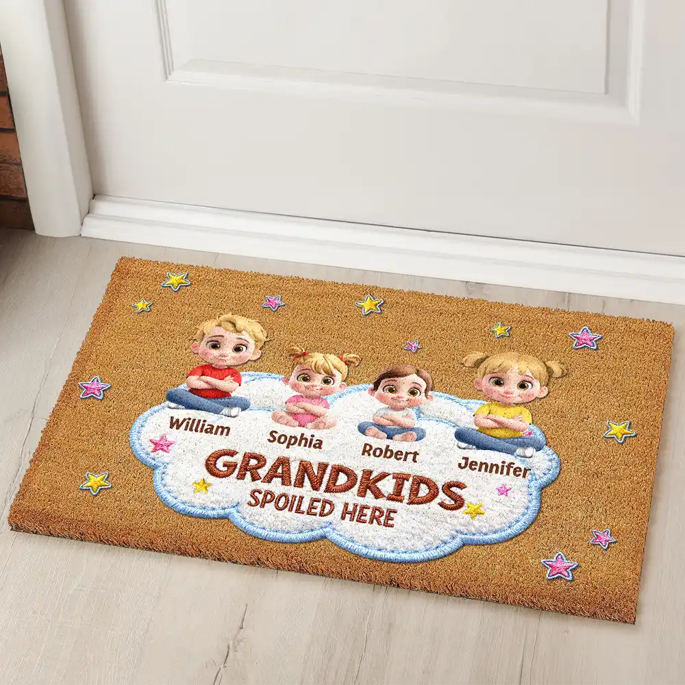 Faux Embroidery Effect Spoiled Grandkids Live Here - Personalized Coconut Doormat - Image 2