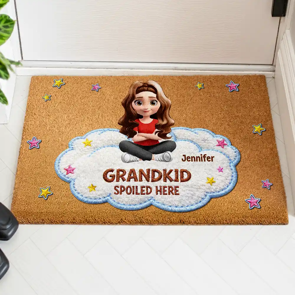 Faux Embroidery Effect Spoiled Grandkids Live Here - Personalized Coconut Doormat - Image 3
