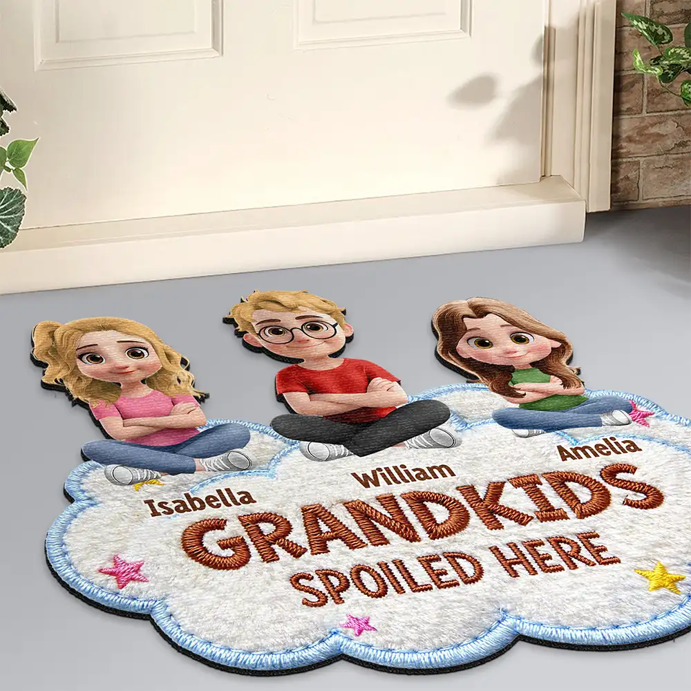 Faux Embroidery Effect Spoiled Grandkids Live Here - Personalized Custom Shaped Doormat - Image 2