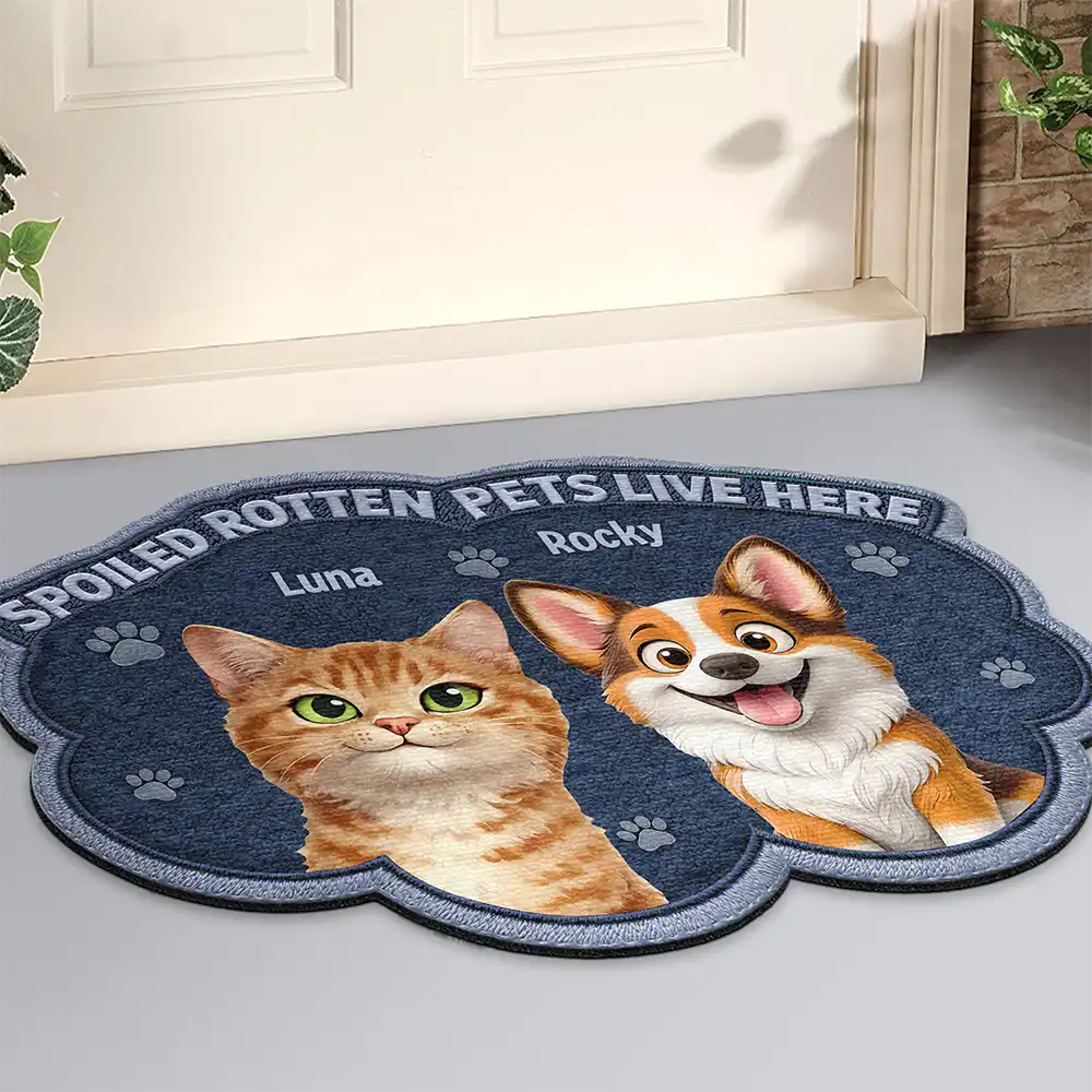 Faux Embroidery Effect Spoiled Rotten Dogs Cats Live Here - Personalized Custom Shaped Doormat - Image 2