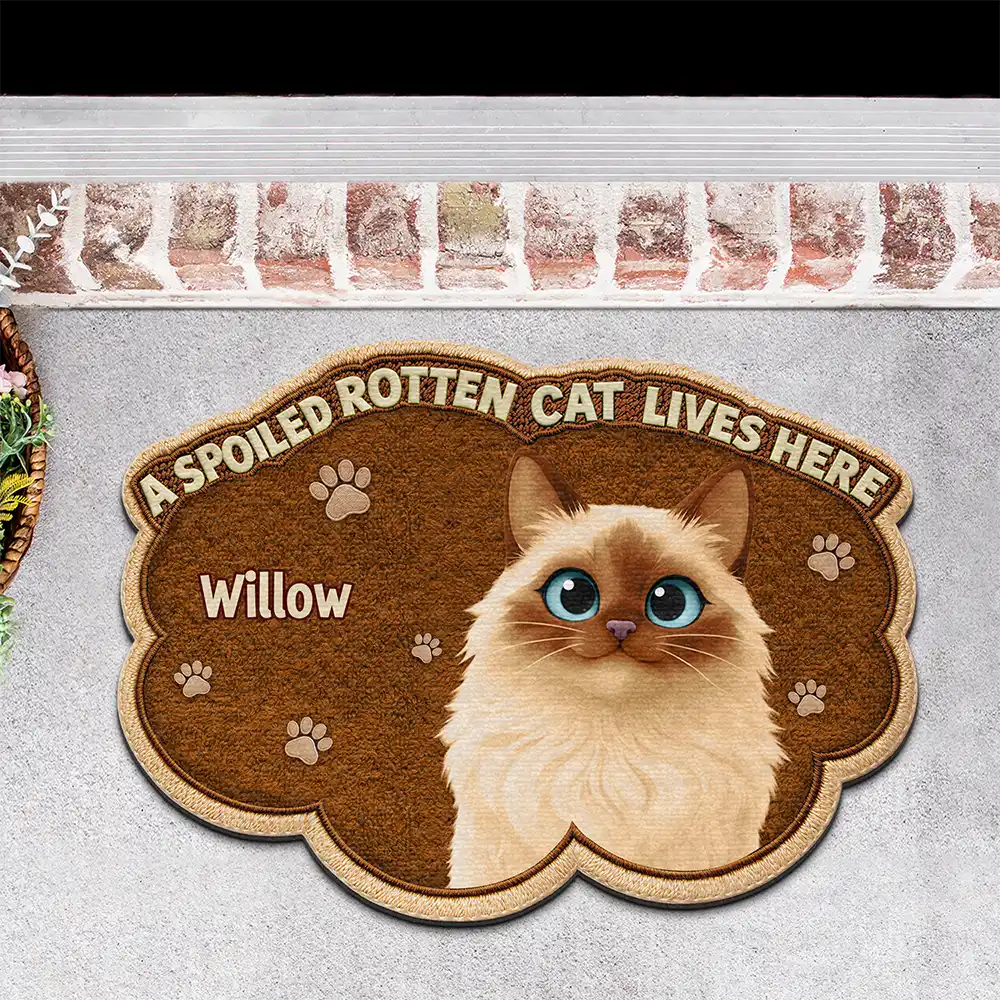 Faux Embroidery Effect Spoiled Rotten Dogs Cats Live Here - Personalized Custom Shaped Doormat - Image 3