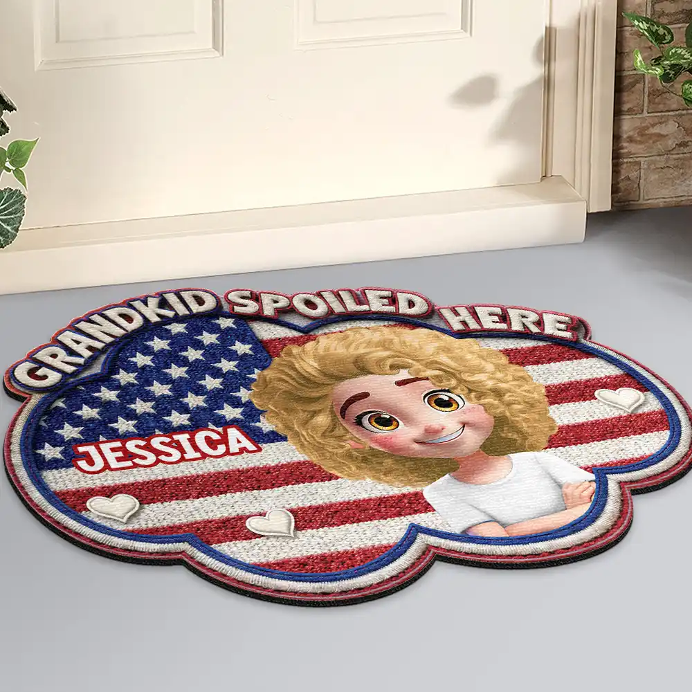 Faux Embroidery Effect Star & Stripes Grandkids Spoiled Here - Personalized Custom Shaped Doormat - Image 2