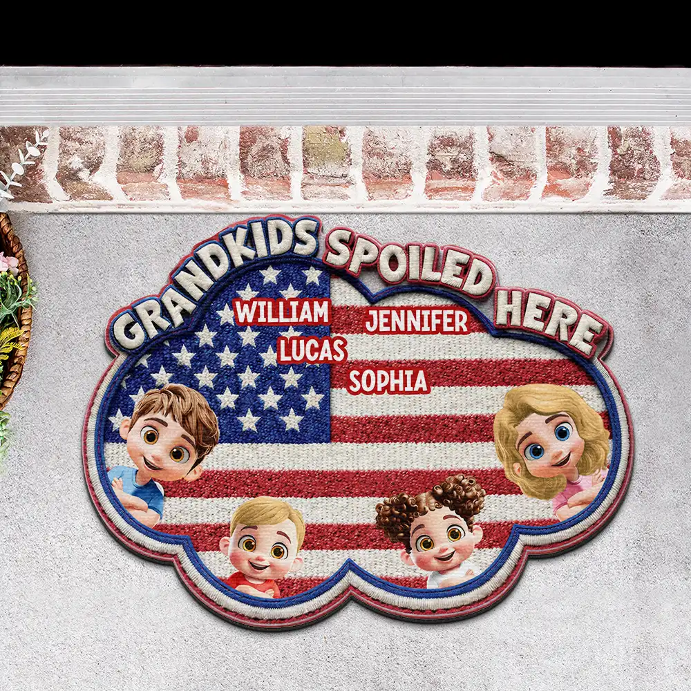 Faux Embroidery Effect Star & Stripes Grandkids Spoiled Here - Personalized Custom Shaped Doormat - Image 3