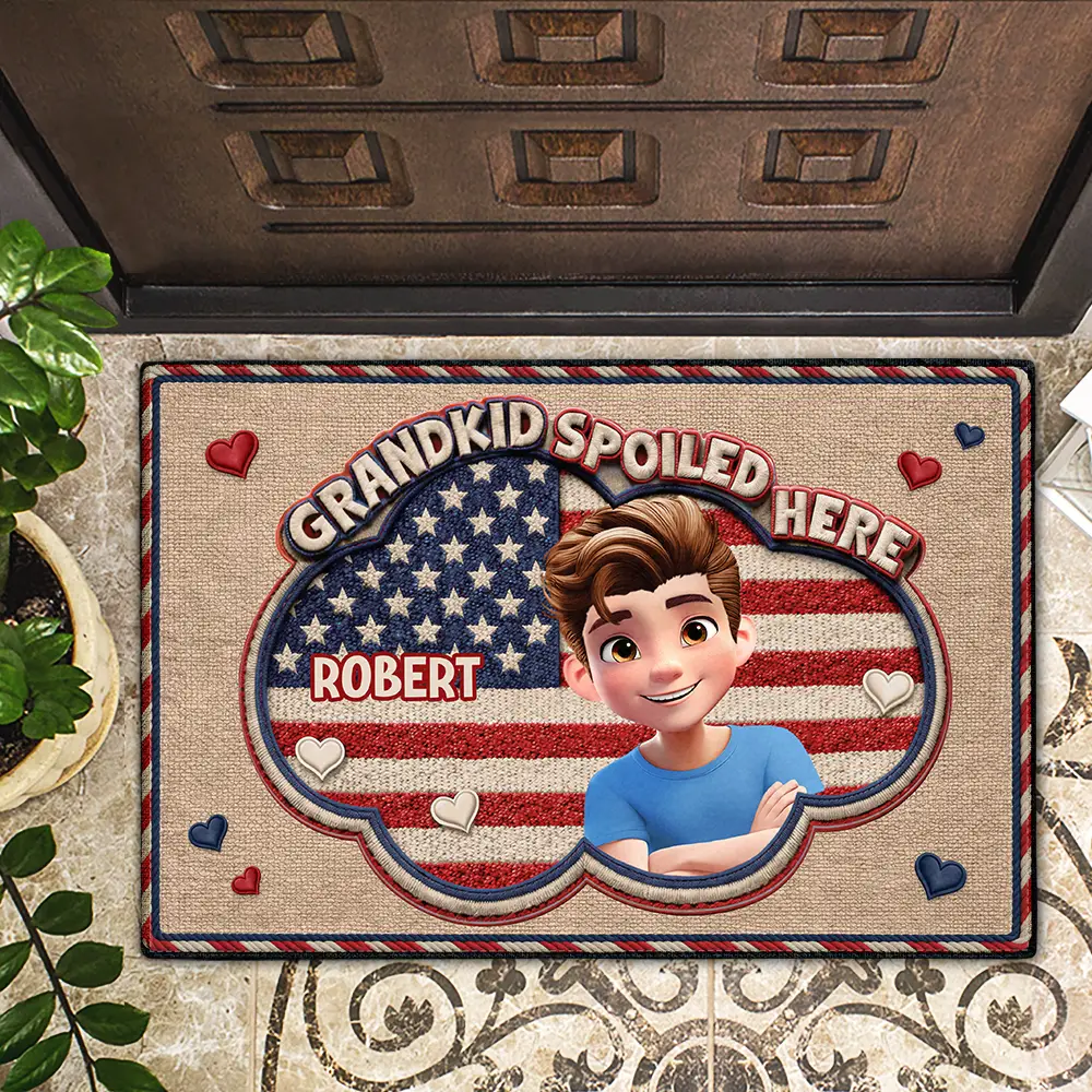 Faux Embroidery Effect Star & Stripes Grandkids Spoiled Here - Personalized Doormat - Image 2