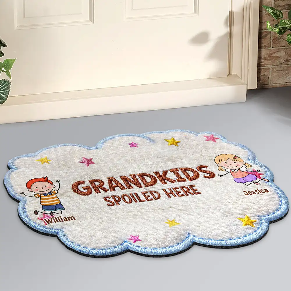 Faux Embroidery Effect Stick Figures Spoiled Grandkids Live Here - Personalized Custom Shaped Doormat - Image 2
