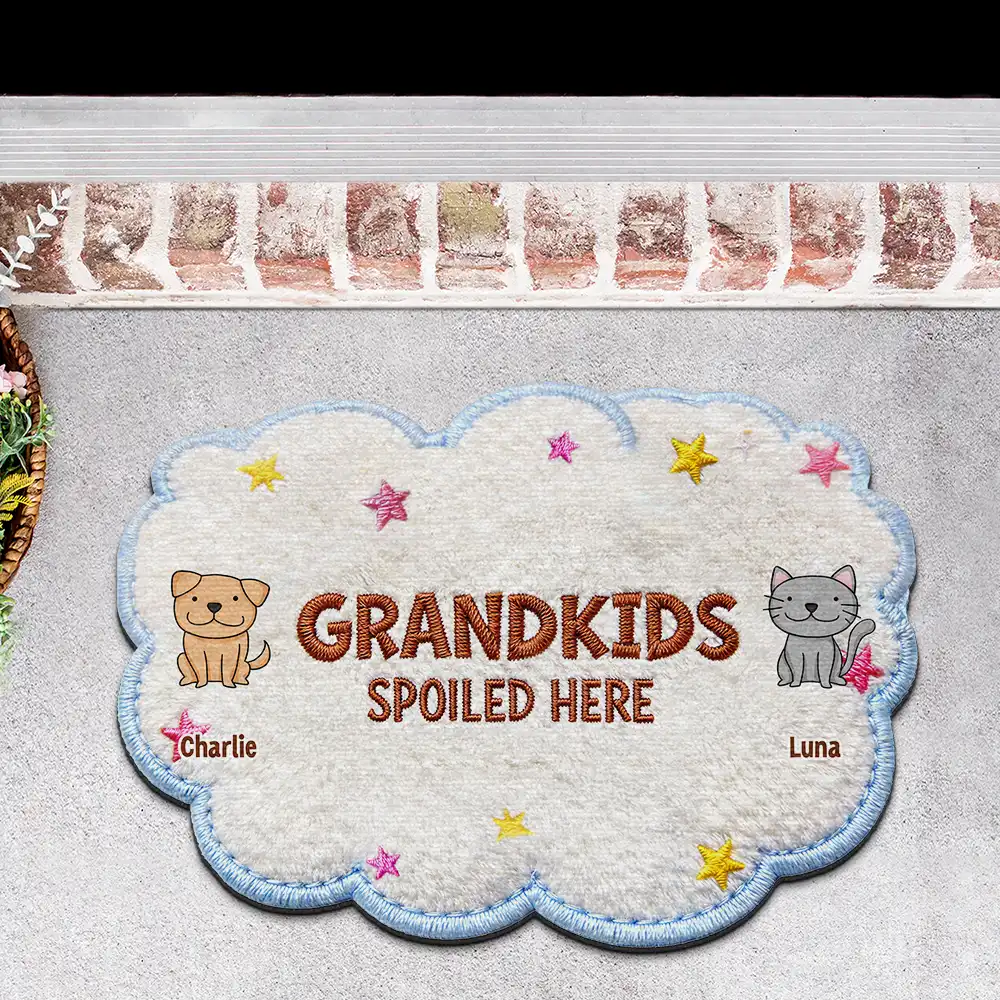 Faux Embroidery Effect Stick Figures Spoiled Grandkids Live Here - Personalized Custom Shaped Doormat - Image 3