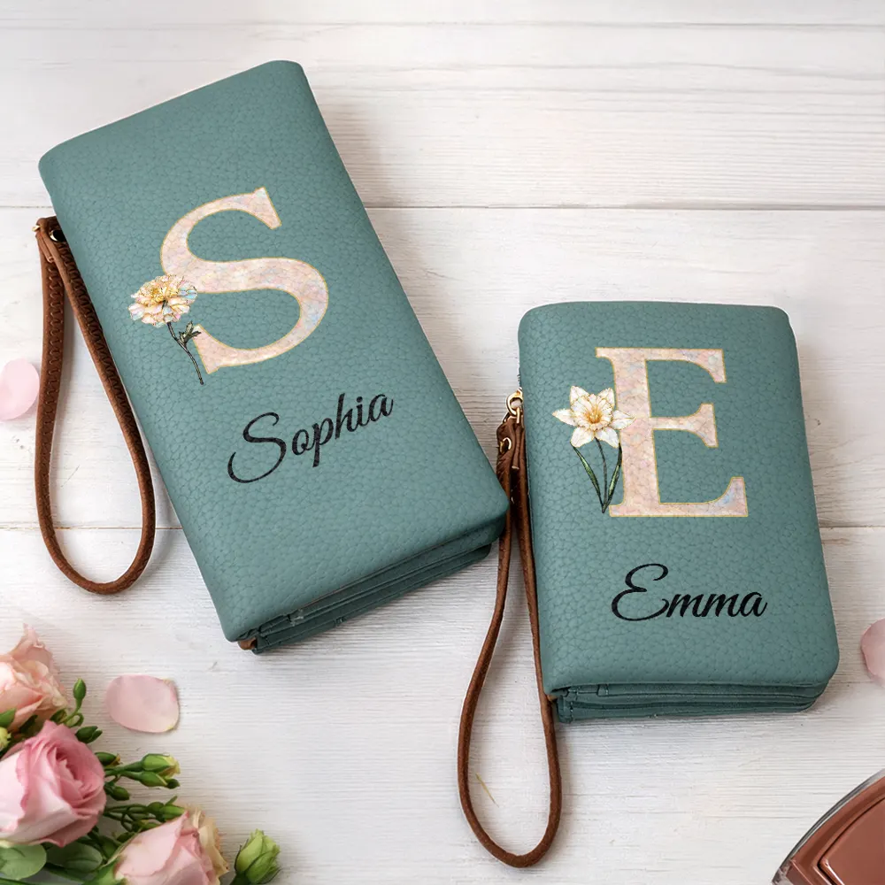 Faux Pearl Effect Birth Month Flower And Name - Personalized Tri-Fold PU Leather Wristlet Wallet - Image 2