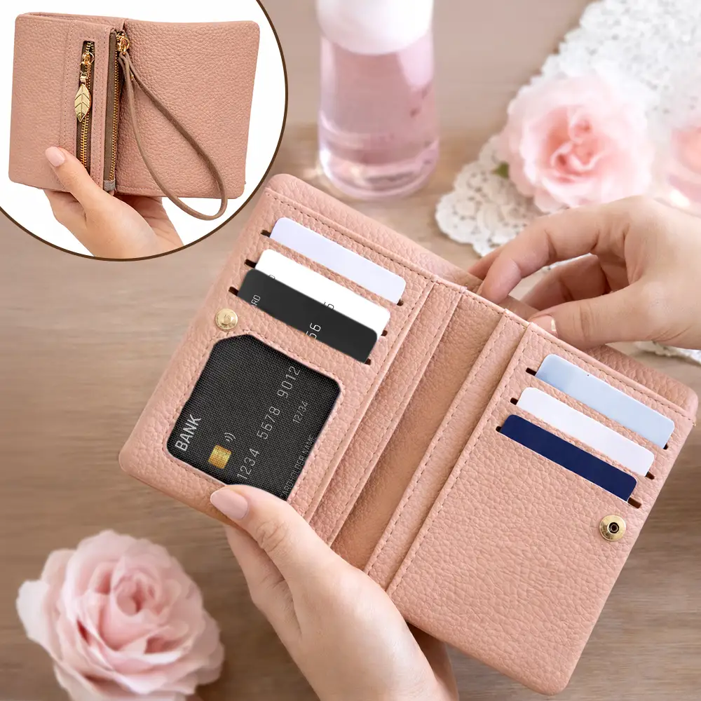 Faux Pearl Effect Birth Month Flower And Name - Personalized Tri-Fold PU Leather Wristlet Wallet - Image 3