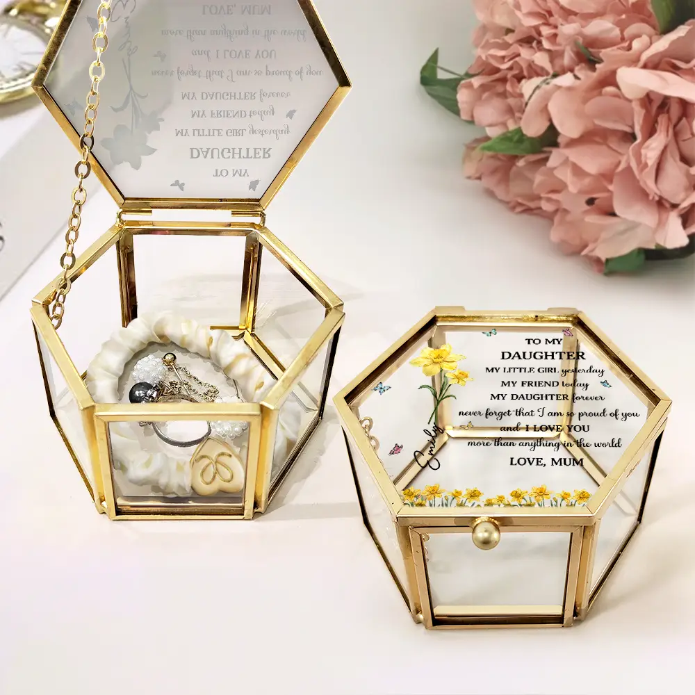 Faux Pressed Birth Flower My Daughter Forever - Personalized Glass Jewelry Box - Image 2