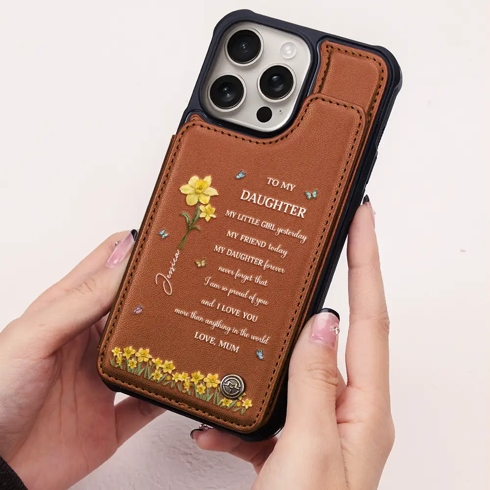 Faux Pressed Birth Flower My Daughter Forever - Personalized Leather Flip Wallet Phone Case - Image 2