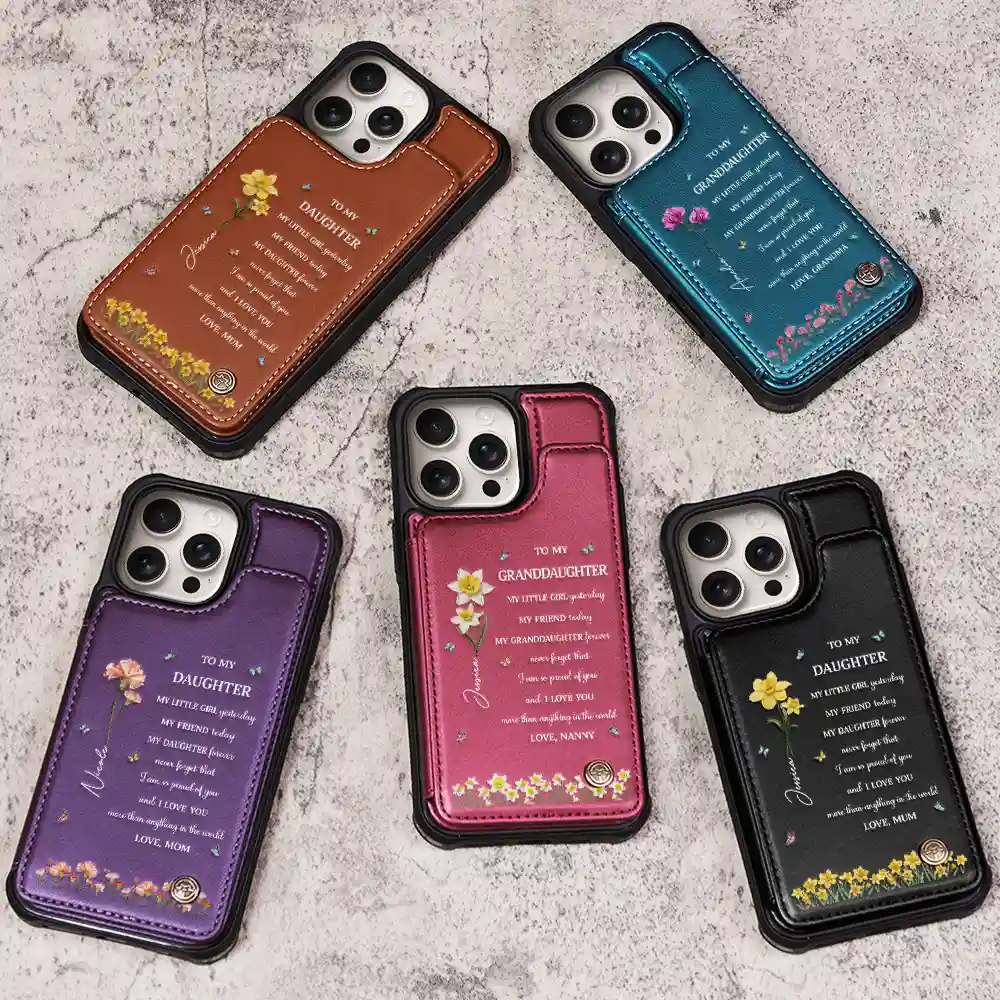 Faux Pressed Birth Flower My Daughter Forever - Personalized Leather Flip Wallet Phone Case - Image 3