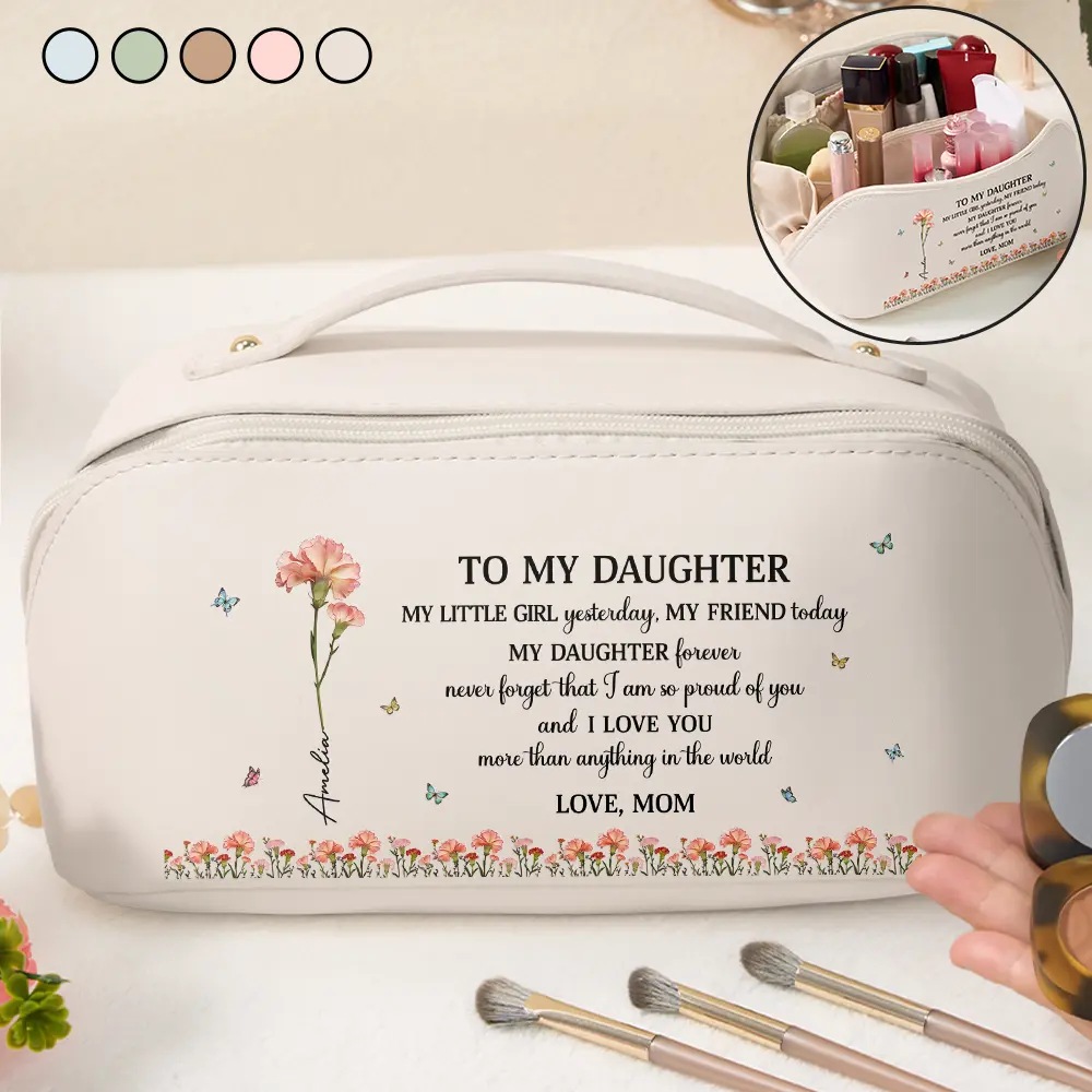 Faux Pressed Birth Flower My Daughter Forever - Personalized Leather Makeup Bag