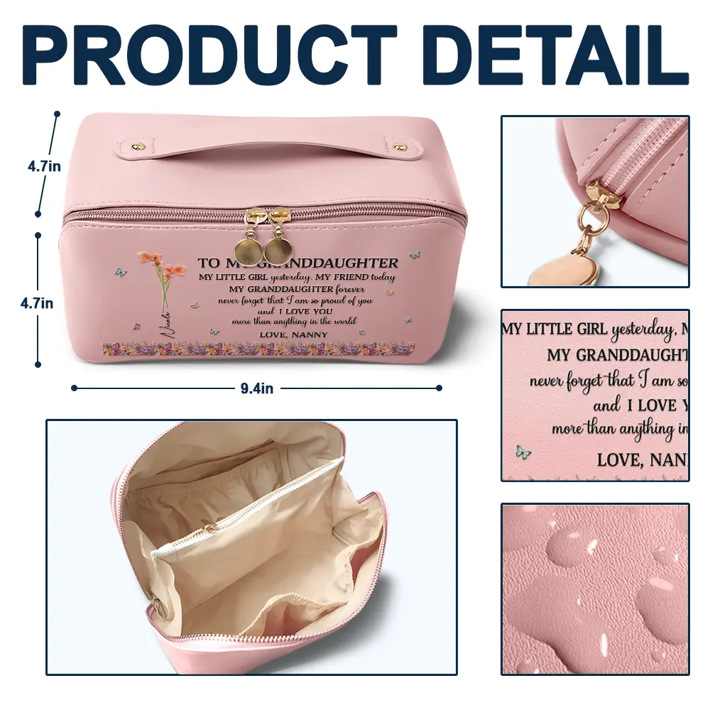 Faux Pressed Birth Flower My Daughter Forever - Personalized Leather Makeup Bag - Image 4