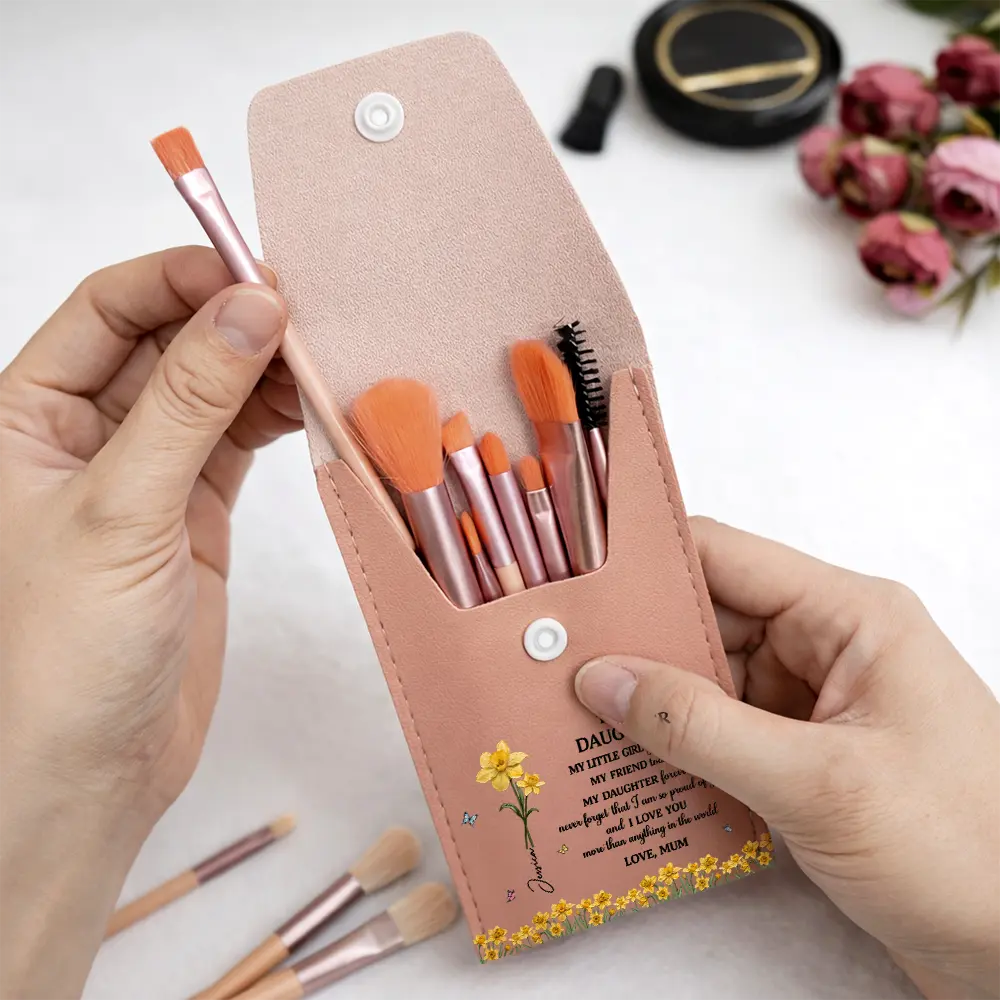 Faux Pressed Birth Flower My Daughter Forever - Personalized Makeup Brush Bag Set - Image 4