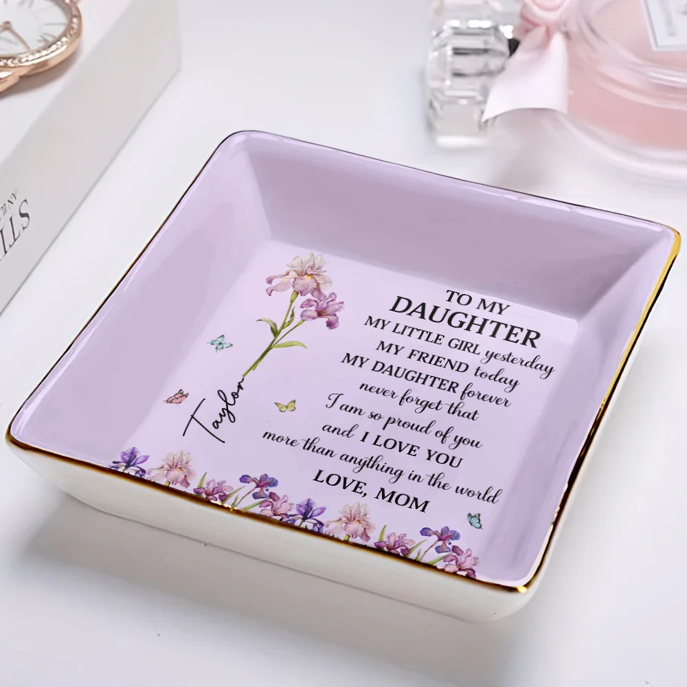 Faux Pressed Birth Flower My Daughter Forever - Personalized Ring Dish - Image 2
