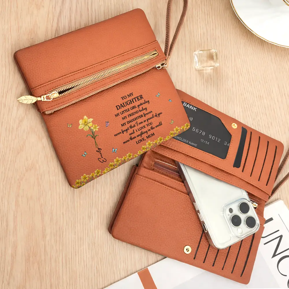Faux Pressed Birth Flower My Daughter Forever - Personalized Tri-Fold PU Leather Wristlet Wallet - Image 4