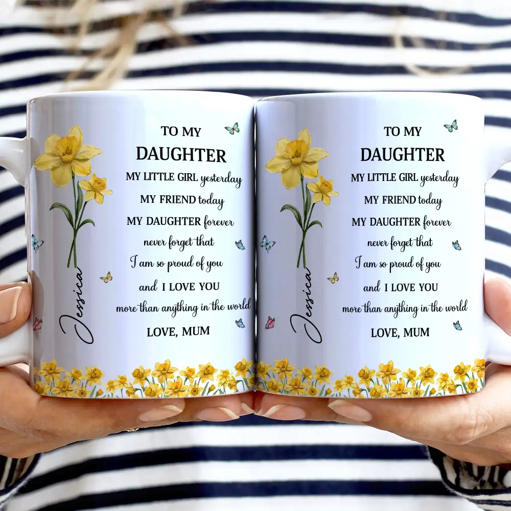 Faux Pressed Birth Flower My Daughter Forever - Personalized White Edge-to-Edge Mug - Image 2