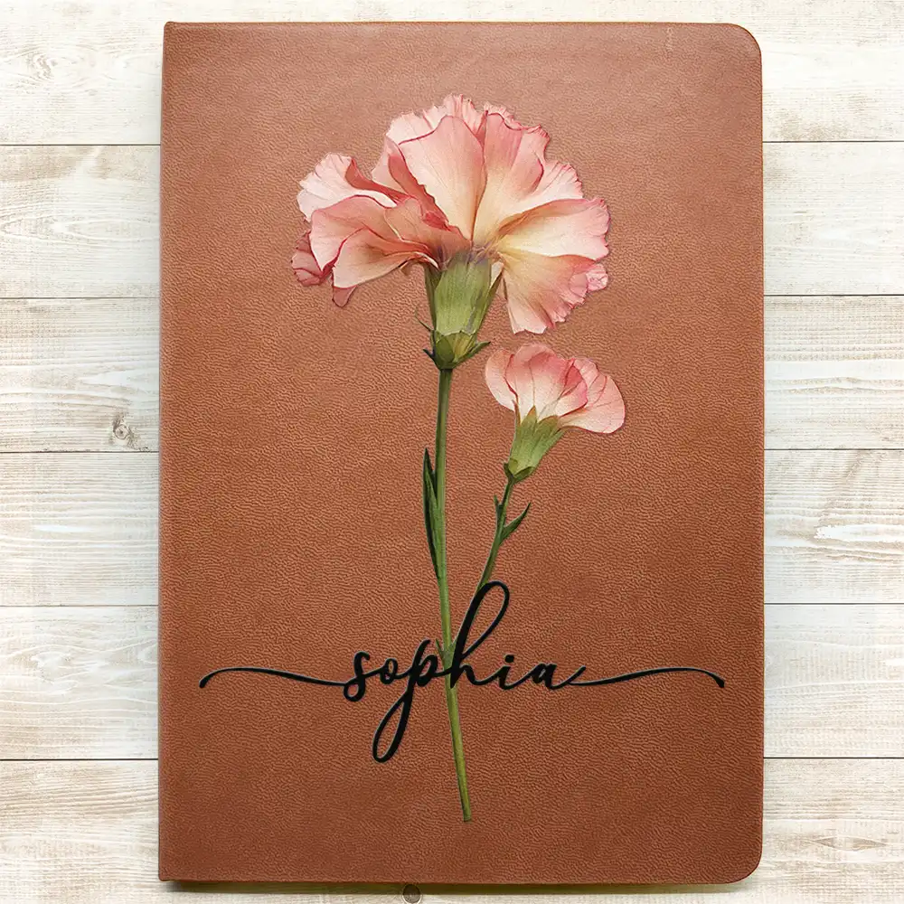 Faux Pressed Effect Birth Flower Blooming In Love - Personalized Leather Journal - Image 3