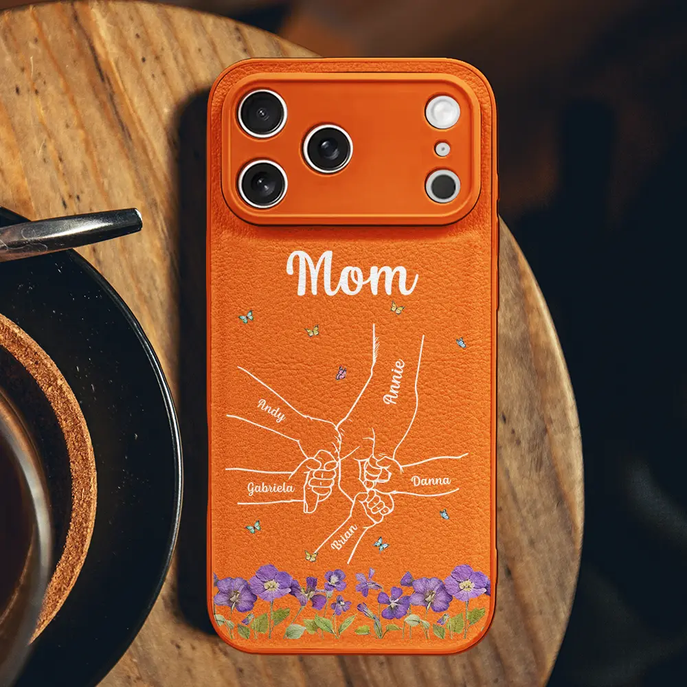 Faux Pressed Flower Mom And Children Holding Hands - Personalized Leather Phone Case