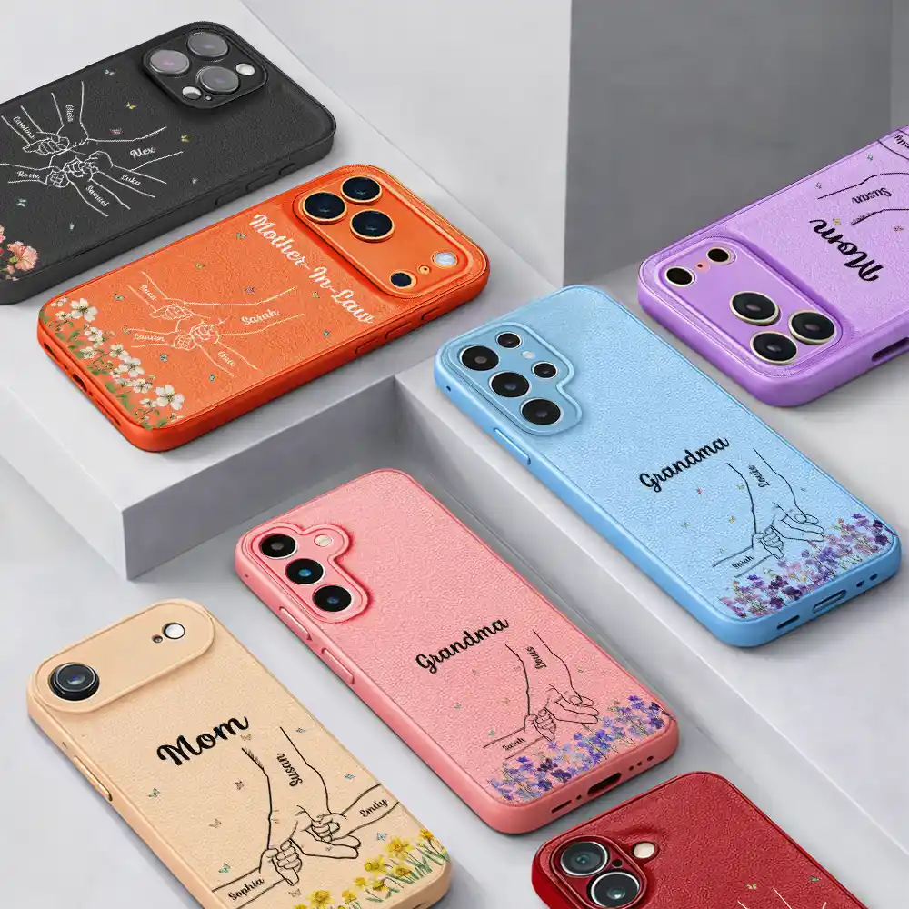 Faux Pressed Flower Mom And Children Holding Hands - Personalized Leather Phone Case - Image 3