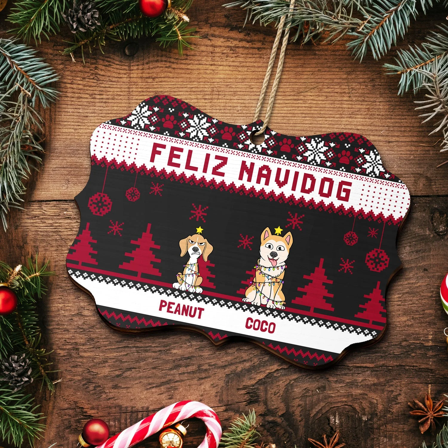 Feliz Navidog Merry Woofmas Funny Cartoon Dogs - Christmas Gift For Dog Lovers - Personalized Medallion Wooden Ornament - Image 5